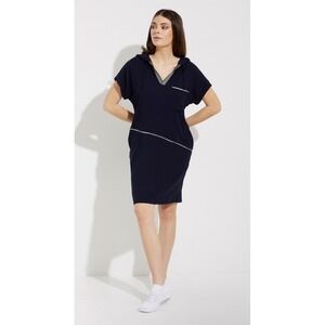 Joseph Ribkoff Sz 14 Knee Length Hooded Shift Dress‎ Midnight Blue Metallic Trim